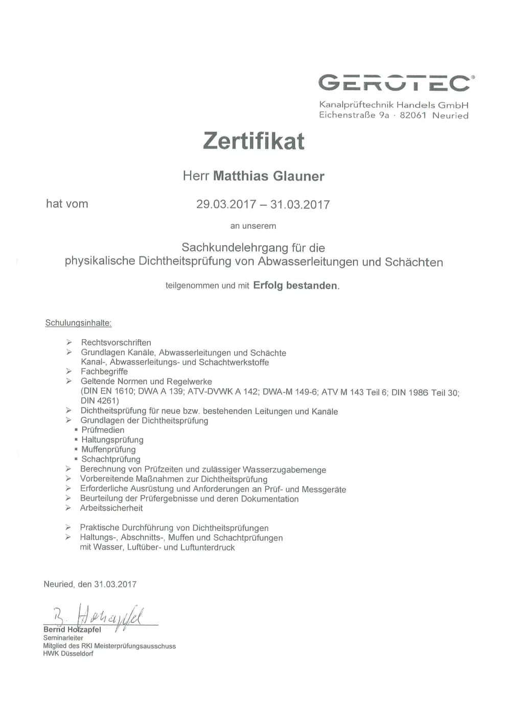 Zertifikat der Höfler GmbH