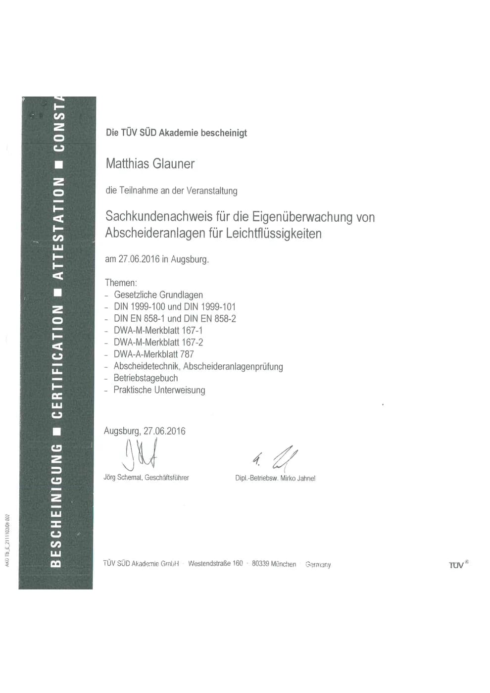 Zertifikat der Höfler GmbH